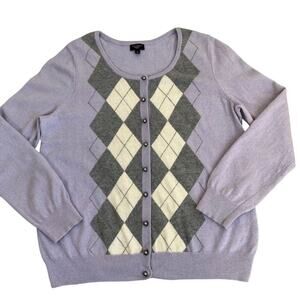 Talbots 1X Wool-Angora Blend Argyle Cardigan w Pearl Buttons Lavender Purple